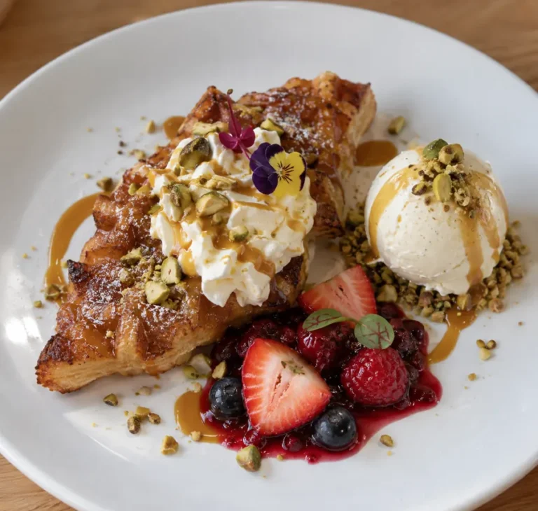 Salted caramel croffle with whipped cream, vanilla ice cream, berry compote and roasted pistachio at Mimosa Subiaco